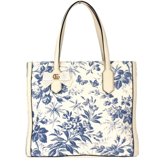 Gucci Handbags - GUCCI Herbarium Ivory Blue Floral Butterfly Canvas Leather Large Tote Handbag